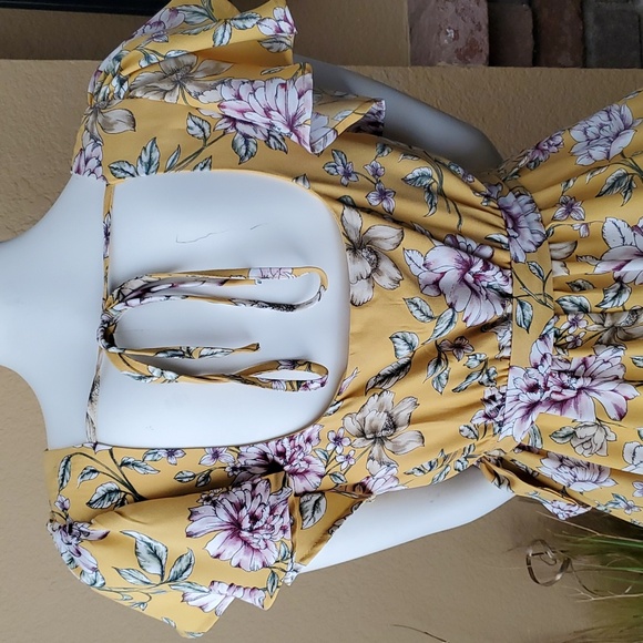 🆕️ XHILARATION Yellow Floral Self-Tie Waist Flutter Sleeve Dress SIZE: XS - Picture 5 of 11